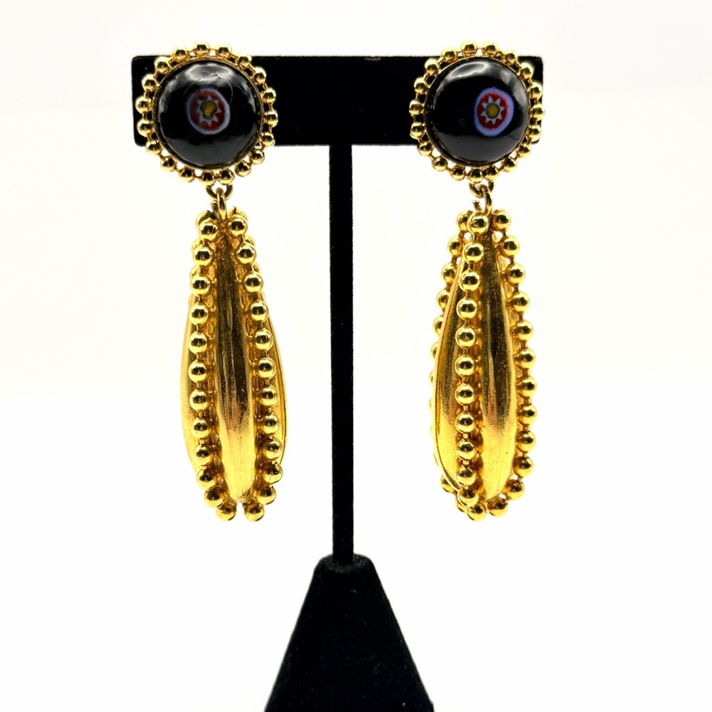 Vintage Rose Benedetti Oversized Gold Tone Millefiori Dangle Clip On Earrings 3”